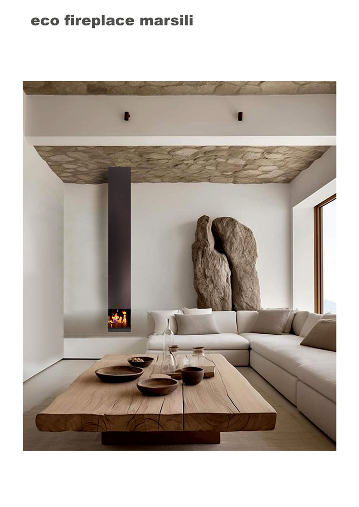 bioethanol-haengekamin-decke-deckenmontage-ethanolkamin-marsili-l-form-schwarz-stahl-mit-flammen-minimalistisches-wohnzimmer-cremefarben-massivholztisch-steindecke-sofa