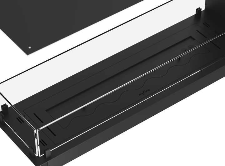 Dreiseitiger Bioethanol Einbau Ofen Kamin Modell InSide Slim U 100 Draufsicht Detailaufnahme Stahlgehäuse und Ethanol Brenner