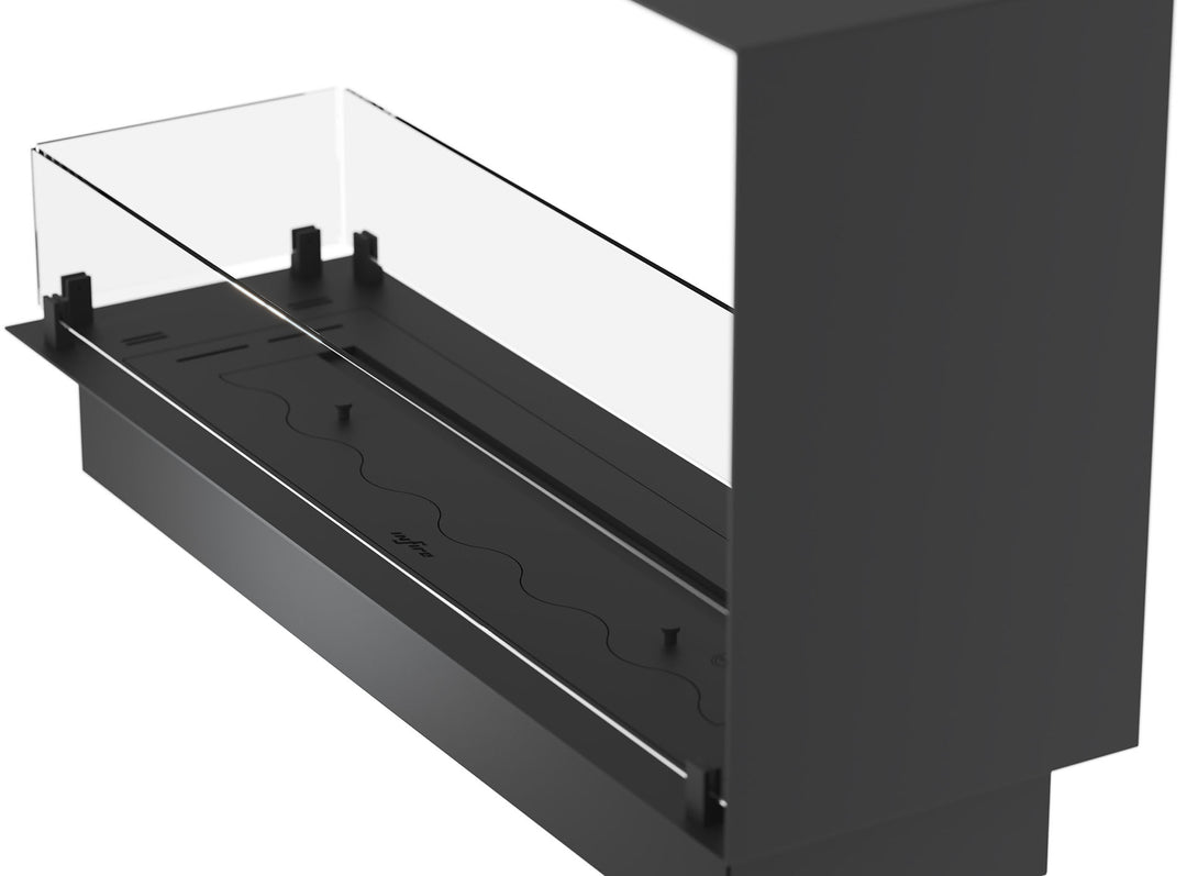 Dreiseitiger Bioethanol Einbau Ofen Kamin Modell InSide Slim U 100 Nahaufnahme seitlich Ethanolbrenner und Glas
