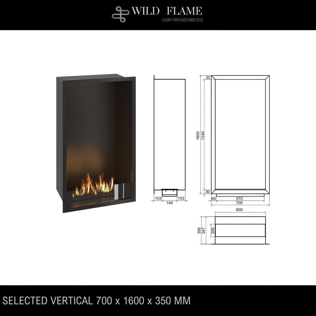 Technische Zeichnung für Bioethanol Einbau Kamin Ofen SELECTED Vertikal 70x160x35cm von Wild Flame