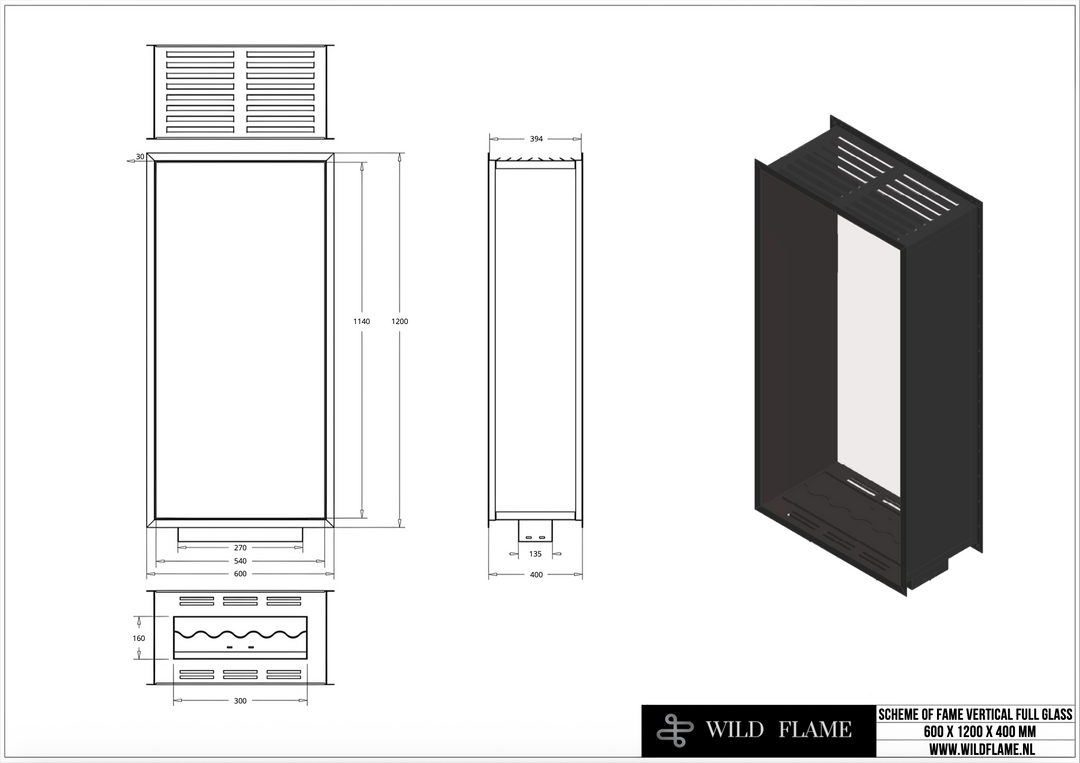 Technische Zeichnung für Bioethanol Einbau Kamin Zweiseitig und Vertikal für Raumteiler mit Vollverglasung Vollglas FAME 60x120cm von Wild Flame