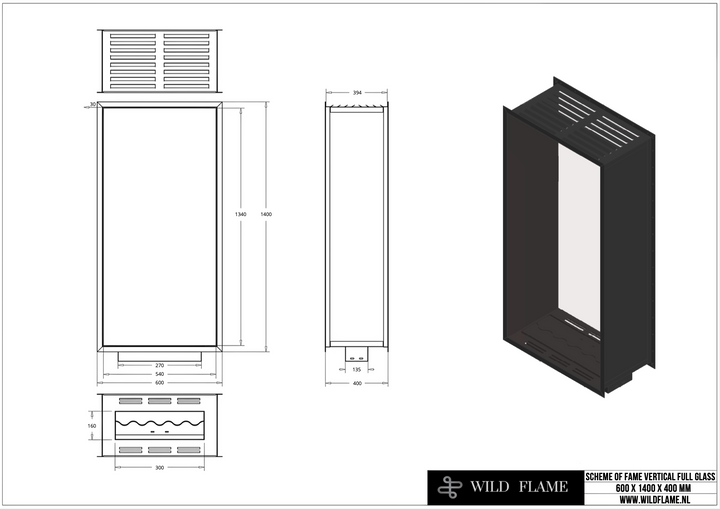 Technische Zeichnung für Bioethanol Einbau Kamin Zweiseitig und Vertikal für Raumteiler mit Vollverglasung Vollglas FAME 60x140cm von Wild Flame